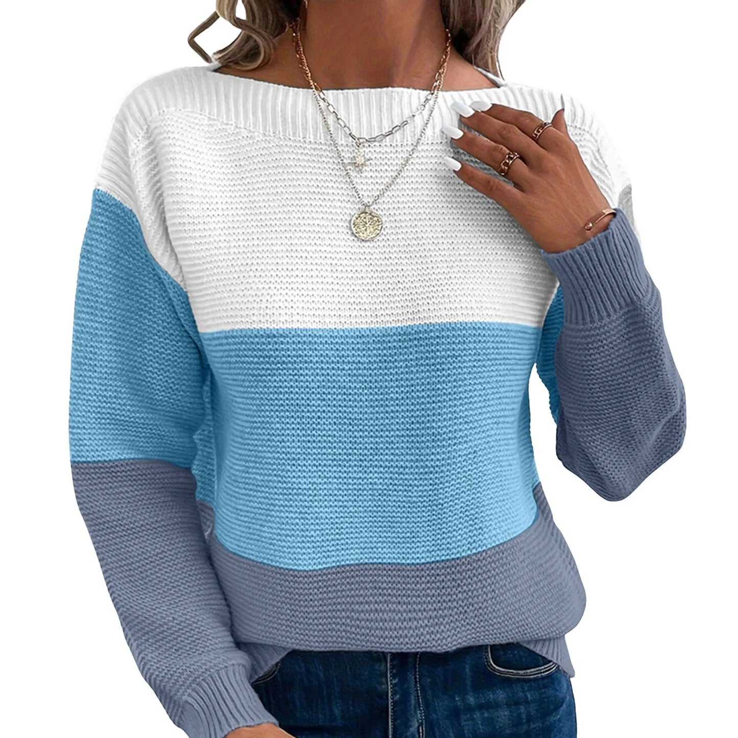 Dressy Sweater For Women Patchwork Color Block Long Sleeve Bateau Neck Elegant Pullover