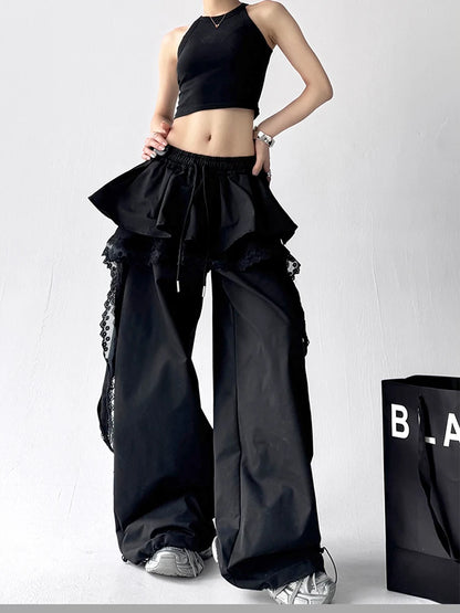 Y2K Black Cargo Pants Women Lace Patchwork White Wide Leg Pants
