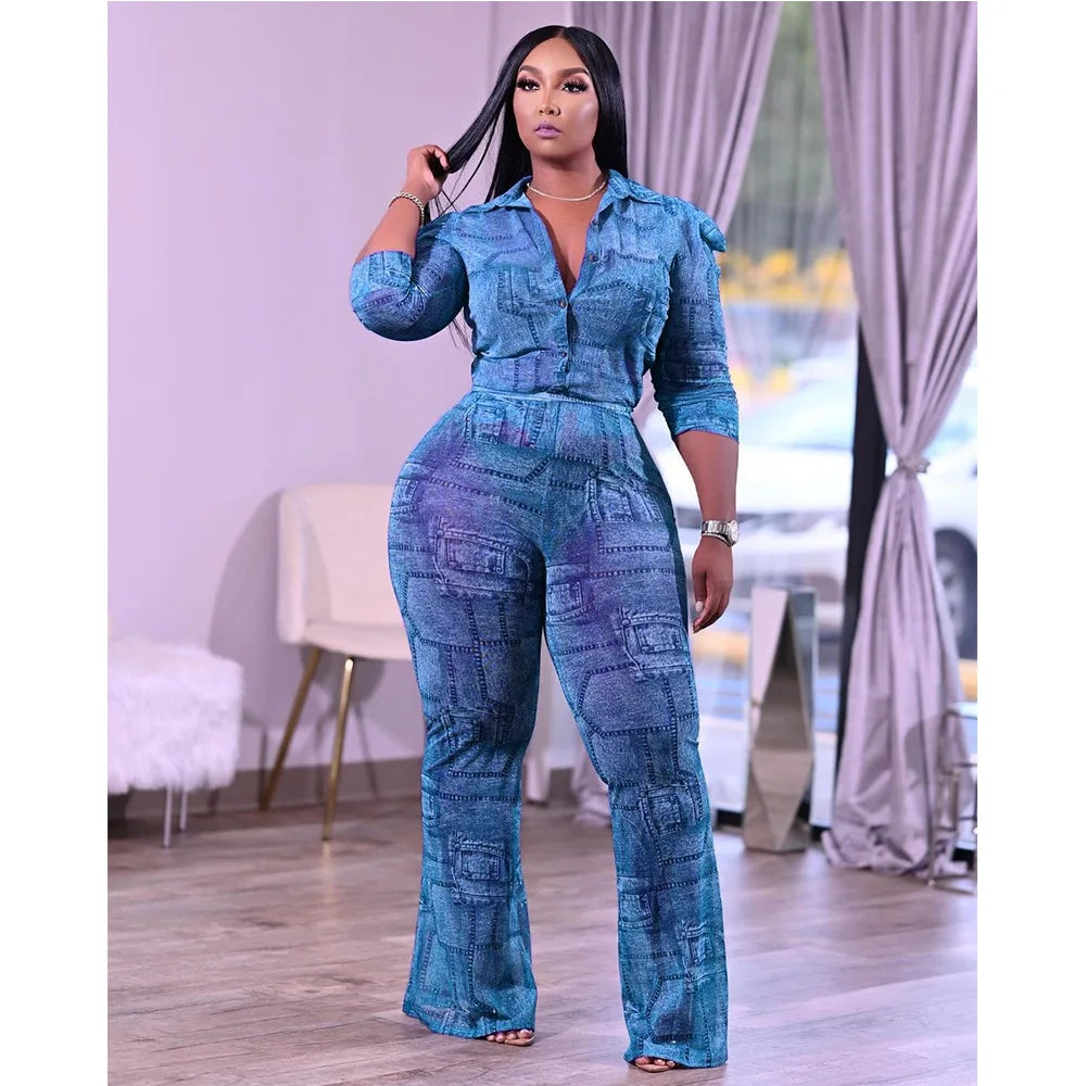 Long Sleeve Stretch Chiffon Print Denim Two Piece Set Plus Size