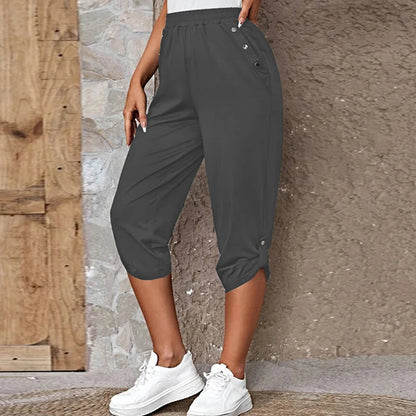 Women Elastic Waist Casual Trousers Bottom Elegant Office Lady Loose Cropped Pants