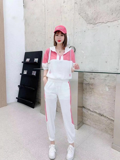 Women's Fashion Tracksuit Casual Suit Short Sleeve Hooded Top Pants Two Piece Set For Women