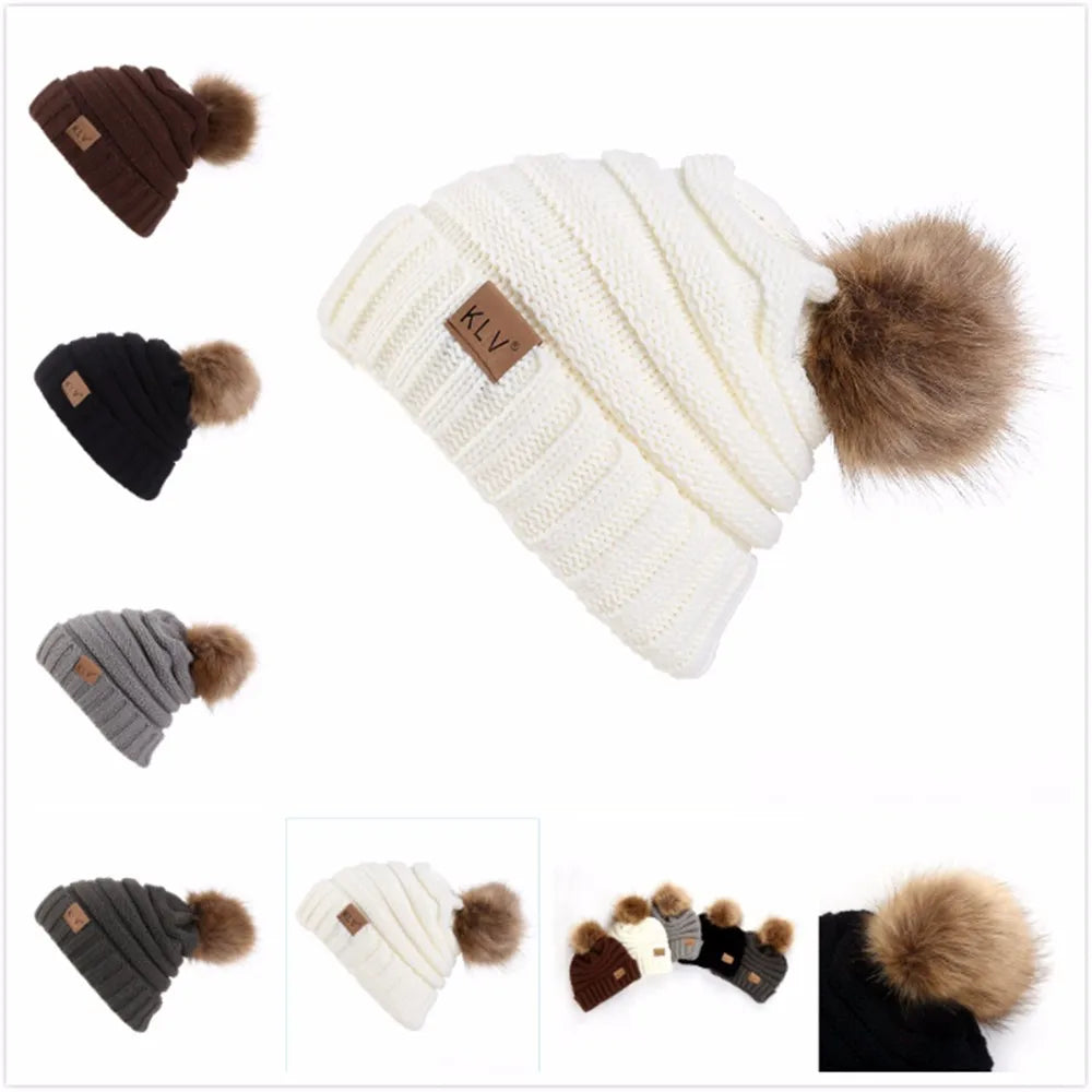 Cute Print Embroidery Beanies For Women Men Winter Wool Warm Fur Pompom