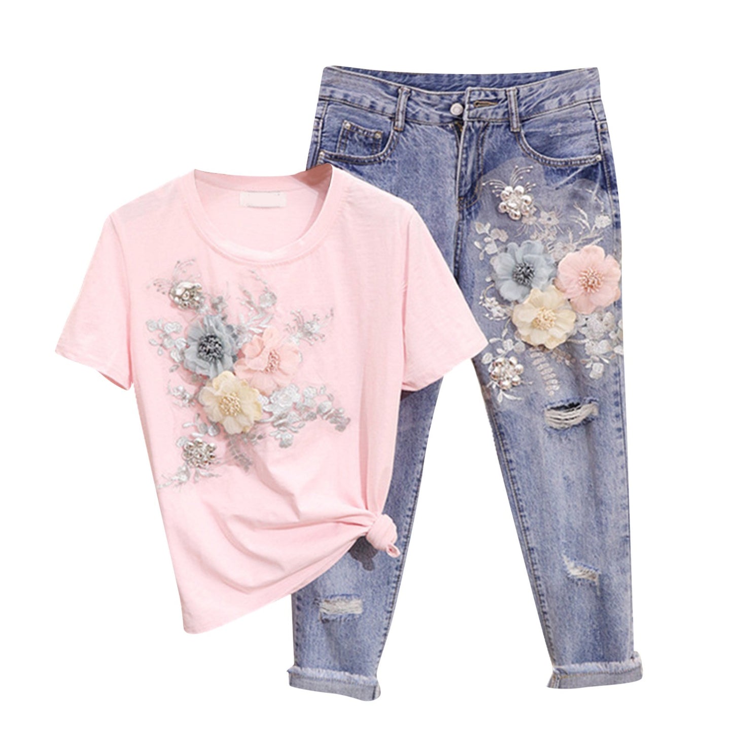 Women Two Piece Outfits 3D Flower Embroidery T Shirt Cropped Ripped Jeans