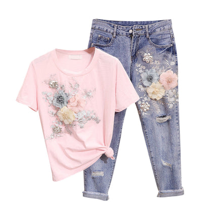 Women Two Piece Outfits 3D Flower Embroidery T Shirt Cropped Ripped Jeans