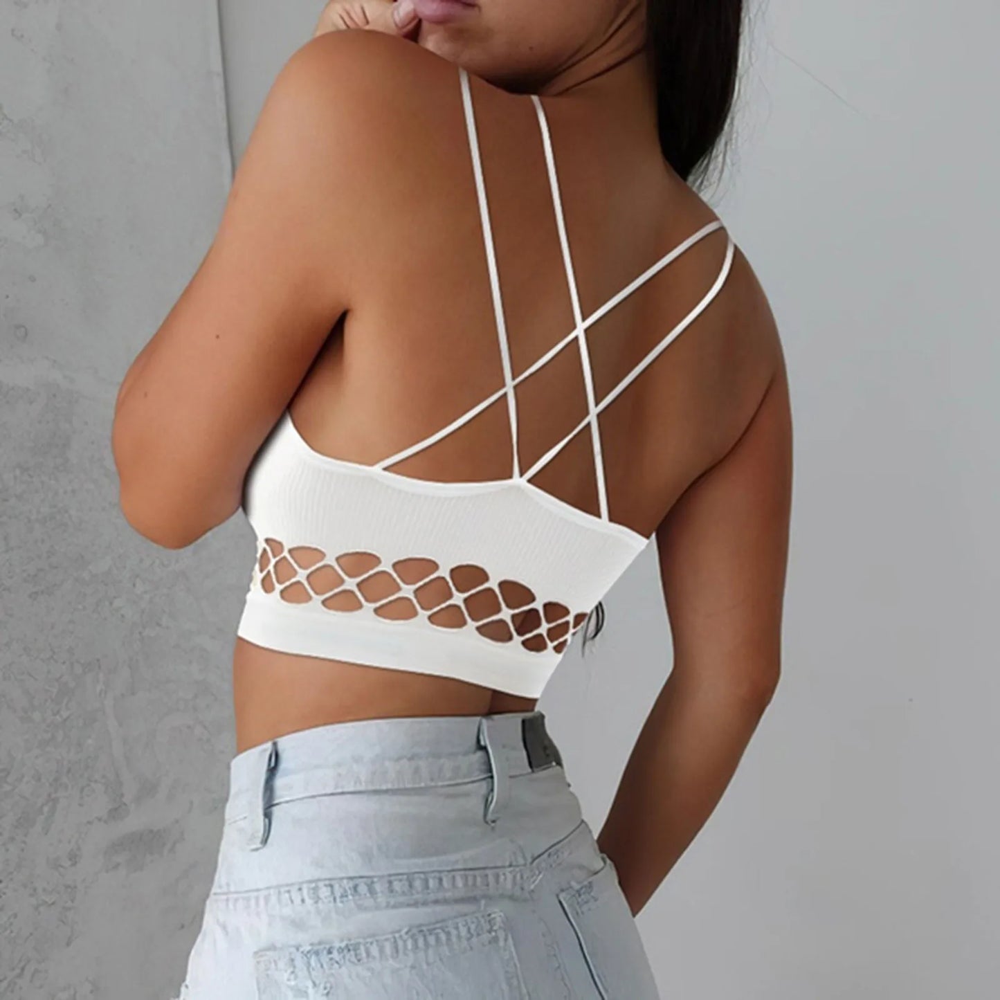 Mesh Hollow Out Cropped Top Corset Black Double Strappy Skinny Nightclub White Vest