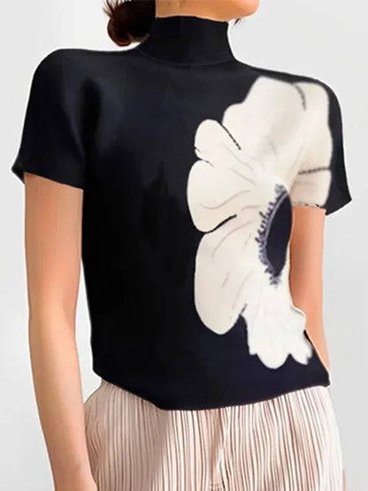 Fashion Flower Printed High Neck Basics Top Short Sleeves Skinny Casual Trendy T-shirts