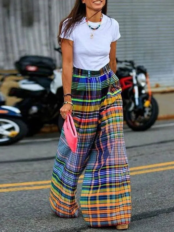 Oversized High Waist Wide Leg Pants Checkerboard Printed Casual High Street Trousers