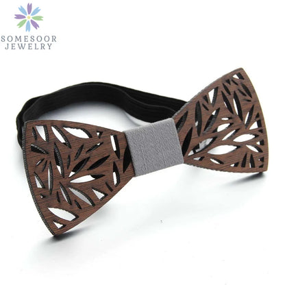 Dark Leaf Hollow Floral Wooden Bowtie For Men Wedding Suit Geometric Carved Wood Neck Ties Unisex