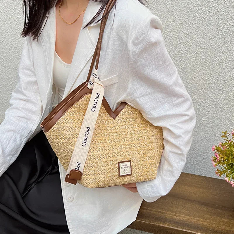 Straw Beach Bag Vintage Handmade Woven Shoulder Bag Raffia circle Rattan bag Bohemian