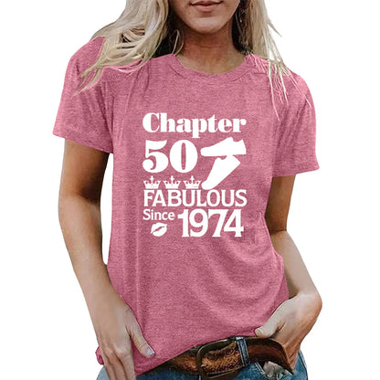 Women 50th Birthday Gift For Women Vintage 1974 Shirt Letter Print Casual Short Sleeve