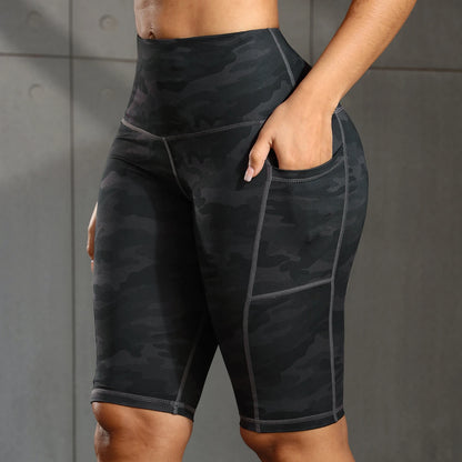 Solid Yoga Shorts with 3 Pockets High Waist Butt Lifting Elastic Cycling Shorts Activewear