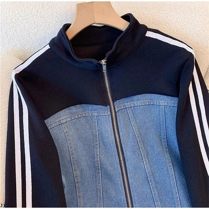 Women Preppy Style Patchwork Contrast Denim Sets Stand Collar Elastic Jeans 2 Piece Suit Streetwear Comfort