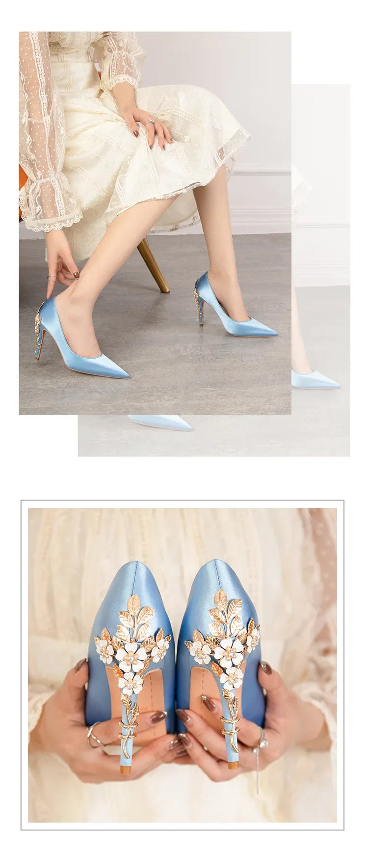Women's Metal Flowers Stiletto High-heel Shoes Female  Light Luxury Wedding Shoes Pointed Toe