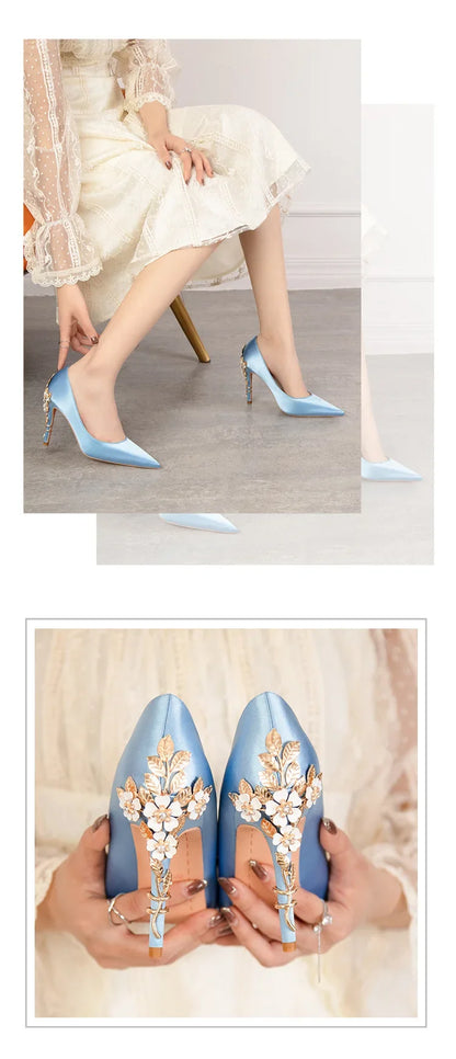 Women's Metal Flowers Stiletto High-heel Shoes Female  Light Luxury Wedding Shoes Pointed Toe