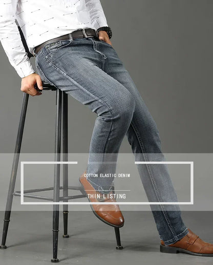 Men Classic Jeans Straight Regular Blue Stretch Denim Trousers Men's