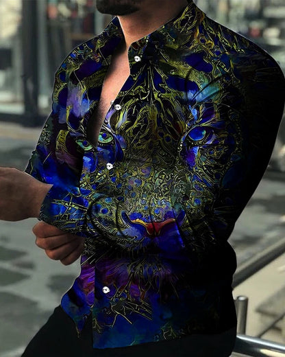 Men's Shirt Polo Button Shirt Casual Western Print Top Men's Cardigan Top