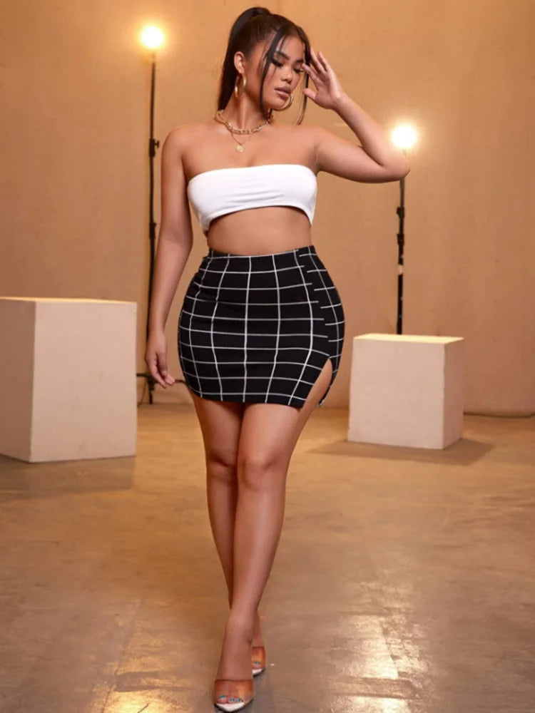 Plus Size Plaid Mini Skirts High Waist Club Party Bodycon Short Skirts Girls Black