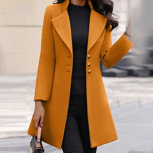 Womens Lapel Trench Coat Winter Wool Blend Mid Long Outwear Fleece Jacket Solid Color Elegant