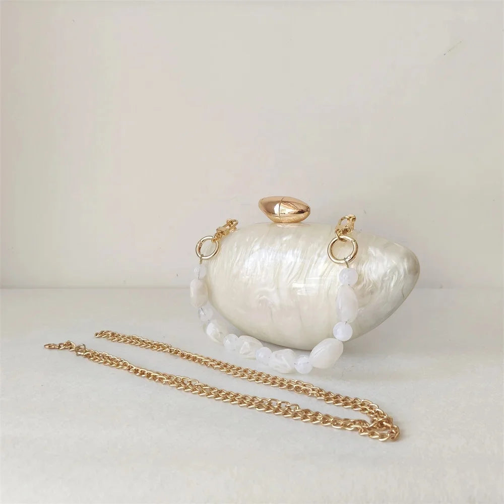 Shell Brand Pearl Brown Marble Acrylic Box Clutches Evening Bag Bridal Handbag