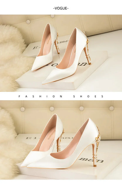 Women's Metal Flowers Stiletto High-heel Shoes Female  Light Luxury Wedding Shoes Pointed Toe