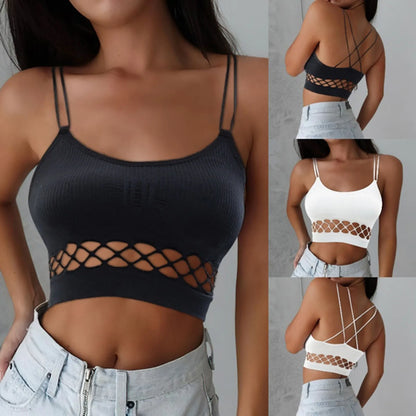 Mesh Hollow Out Cropped Top Corset Black Double Strappy Skinny Nightclub White Vest