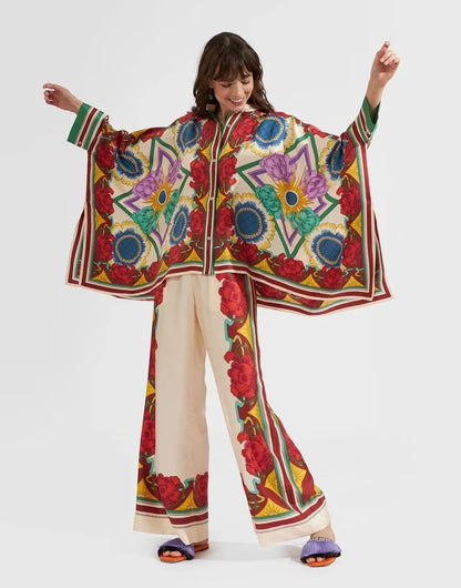Vintage Print Pants Sets Women Irregular Loose Long Sleeve Shirt Wide Leg Trousers Two Piece Set Female Fashion Trend Streetwear