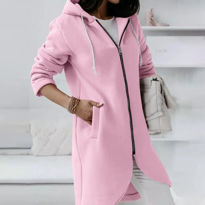 Autumn Women Long Hoodies Coat Zip Up Solid Hooded Casual Pockets Long Jackets