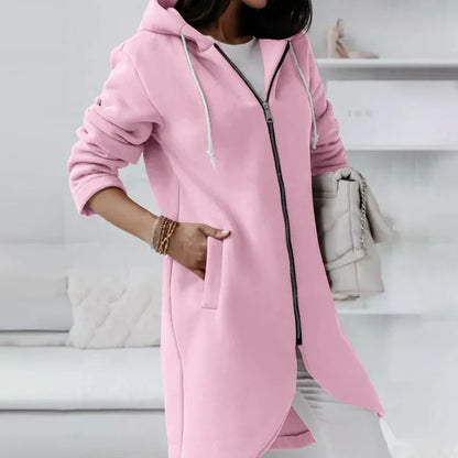 Autumn Women Long Hoodies Coat Zip Up Solid Hooded Casual Pockets Long Jackets