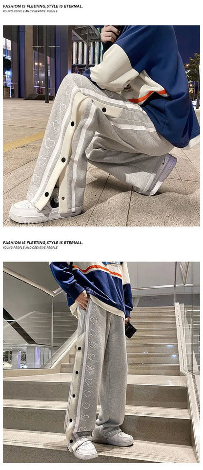 Harajuku Wide leg Sweatpants Oversize Men Side Button Baggy Pants Casual Sport Split Basketball Women Track Trousers