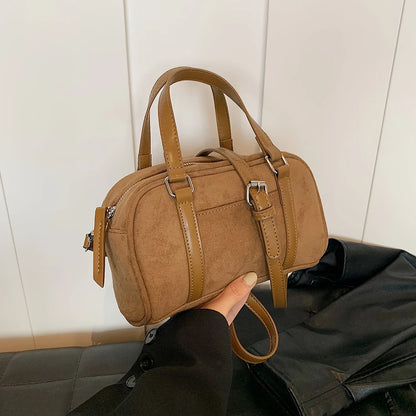 Women Suede Shoulder Bag Adjustable Strap Boston Bag with Interior Pocket Top Handle Bag Zipper Handbag for Work Travel