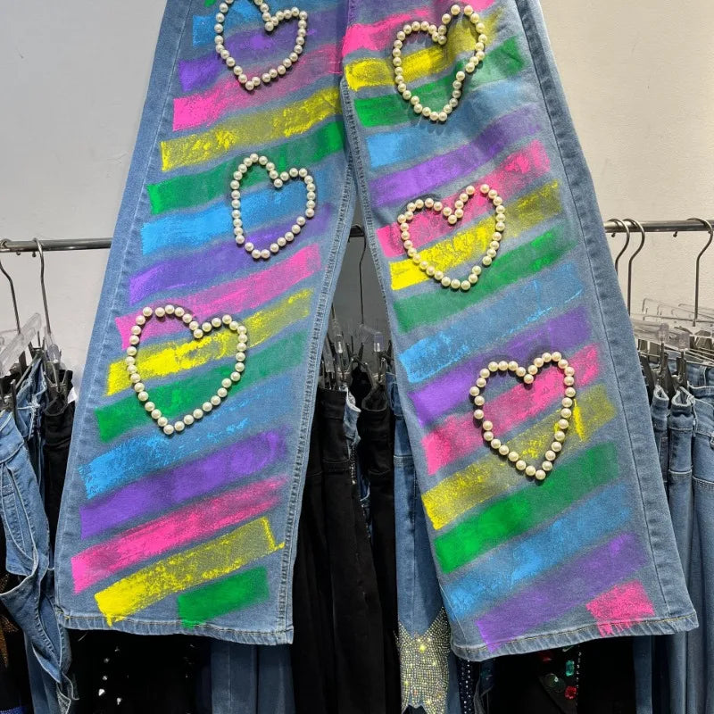 Painted Trousers Heavy Industry Love Beads Retro Nostalgic Fashion Skinny Denim Pants Blue / XXL Blue / XL Black / M Blue / XXL-Blue / XL-Black / M-Blue / XXXL-Black / XL-Black / L-Black / XXXL-Black / XXL-Blue / L-Blue / M-