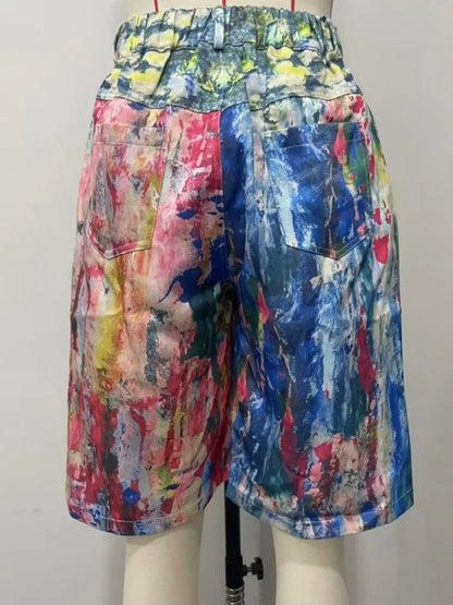 Women's Pockets Graffiti Shorts Polyester Mid Waist Shorts