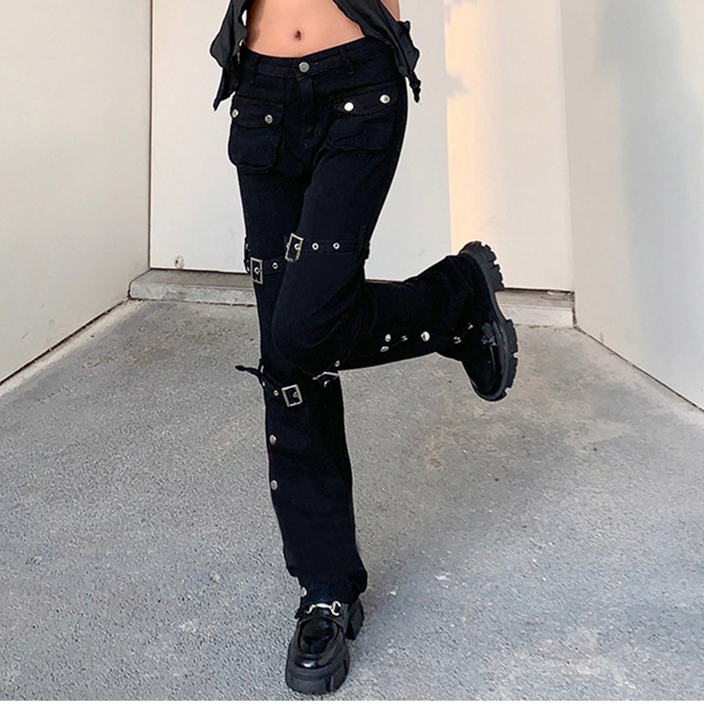 Gothic Punk Style Black Jeans Woman Streetwear Metal Buckle Hem Slit  Flare Pants for Women Y2K Vintage Straight Flared Pants