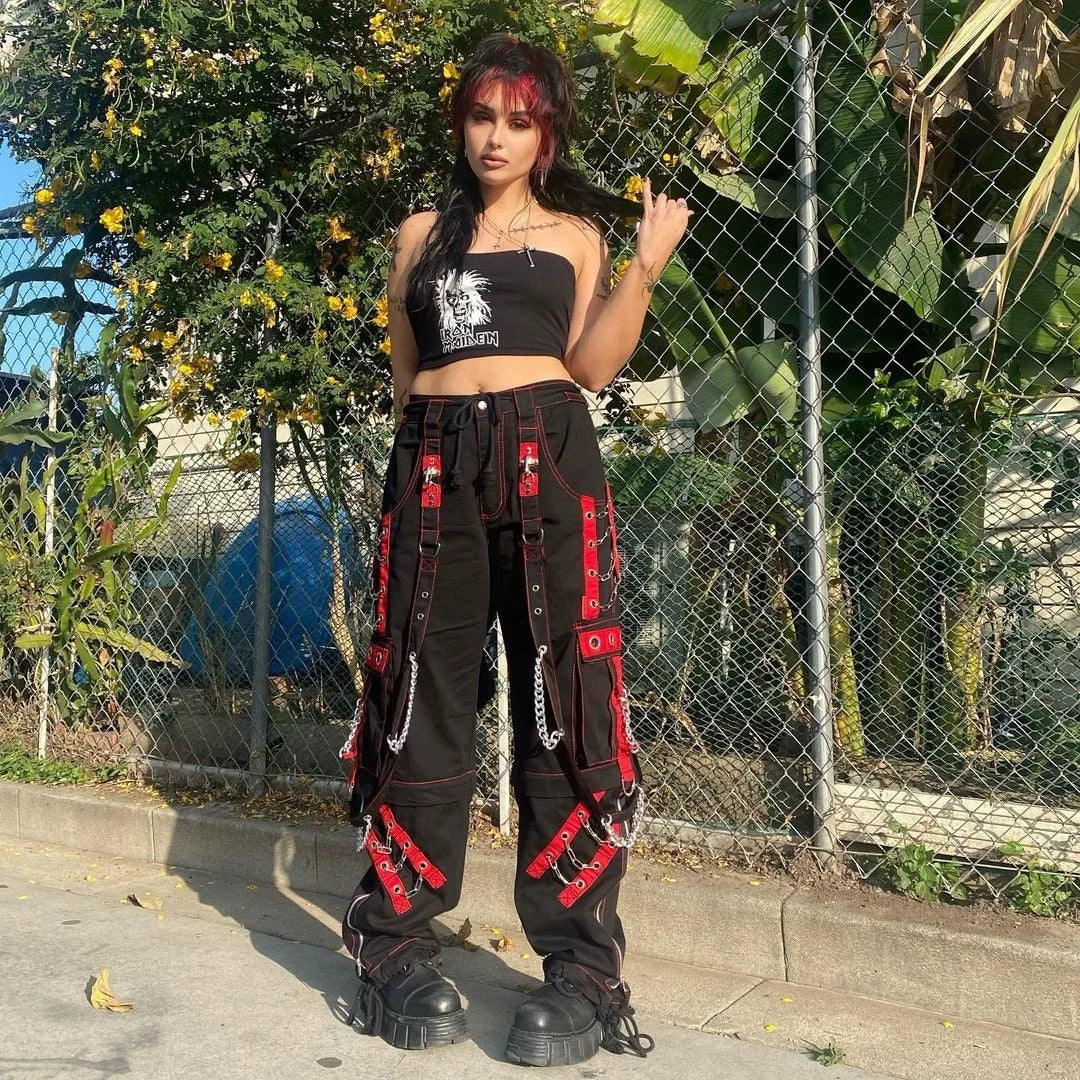 Women Gothic Punk Pants Hip Hop Harajuku Baggy Y2k Cargo Pants Casual Streetwear 90s Wide Leg Retro Low Waist  Women Trousers