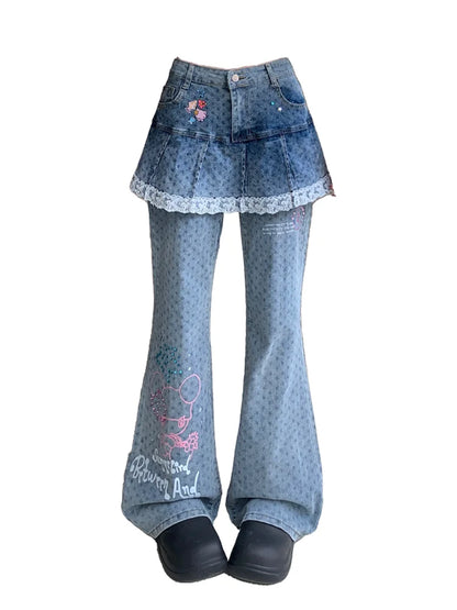 Women's Blue Graffiti Splicing Jeans Cargo Baggy Y2K American Harajuku Streetwear 2000S Style 90s Retro Jeans Pants Clothing