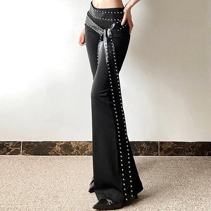 Punk Grunge Hoge Taille Flare Broek Effen Alt Streetwear Vrouwen Mall Gothic Casual Broek Met Kunstleer Riemen Slank