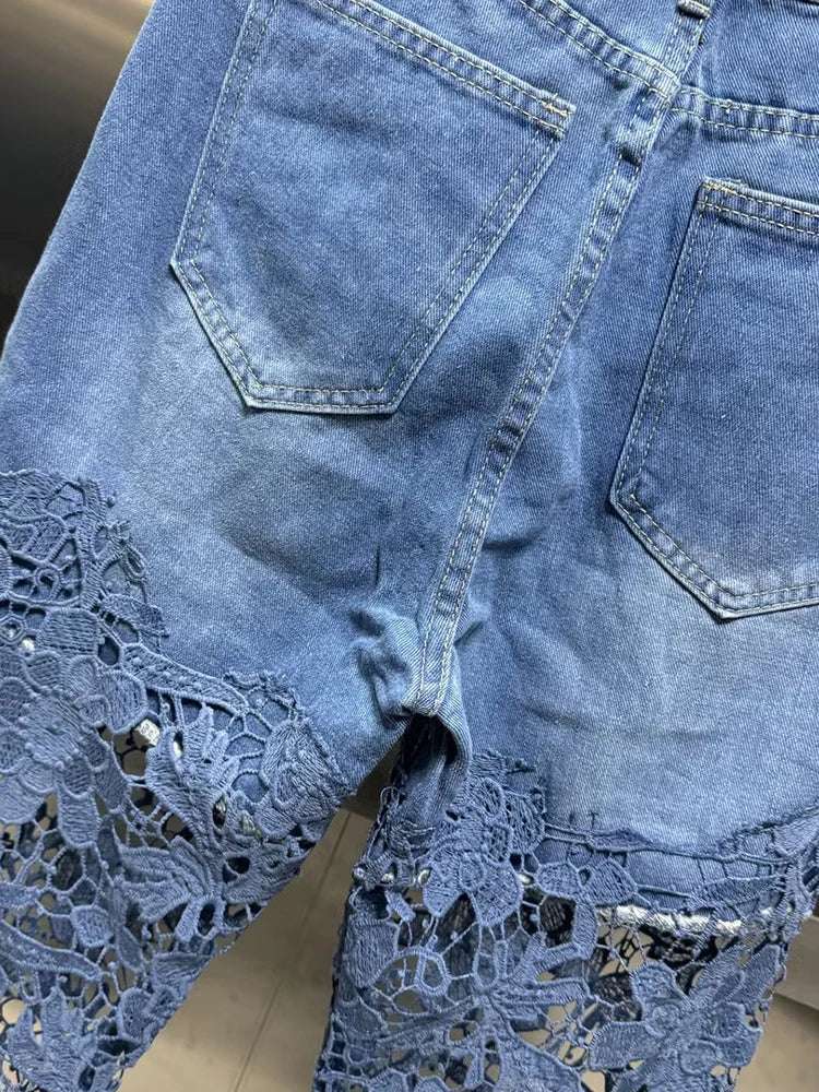 VGH Casual Hollow Out Spliced Lace Solid Jeans For Women High Waist Patchwork Pockets Minimalist Loose Wide Leg Pants Female New blue / XXXL blue / XXL blue / XL blue / XXXL-blue / XXL-blue / XL-blue / L-blue / M-blue / S-