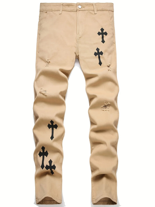 Men's cross print straight leg men's jeans