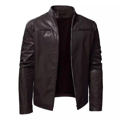 Mens Stand Collar Jacket Coat Black Leather Motorcycle Jacket Solid Color Zipper