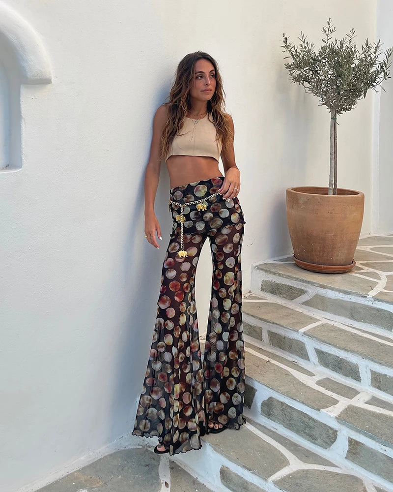 Mesh Leopard Print Trousers High Waist Print Wide Leg Pants Printed