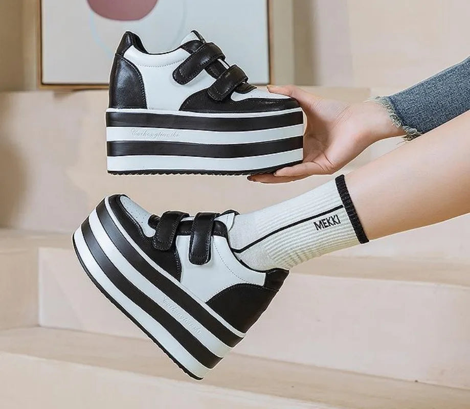 High quality 12cm Synthetic Genuine Leather Boot Ankle Platform Wedge High Brand Chunky Sneaker Shoes
