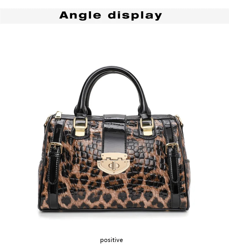 Leopard Handbag Leather Women's Bag Large Capacity Boston Bag Fashion Versatile Cowhide One Shoulder Crossbody Bag
