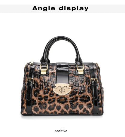 Leopard Handbag Leather Women's Bag Large Capacity Boston Bag Fashion Versatile Cowhide One Shoulder Crossbody Bag