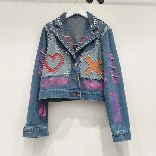 Women Spring Hand Painted Graffiti Diamonds Beaded Denim Jacket Loose Rivets Jeans Coat Turn Down Collar