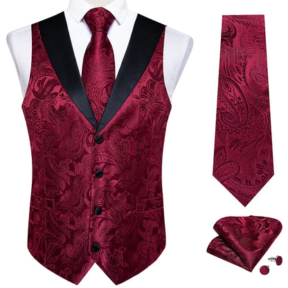 Men's Paisley Silk Suit Vest with Macthing Golden Paisley Neck Tie Handkerchief Cufflinks Wedding Prom Tuxedo Waistcoat