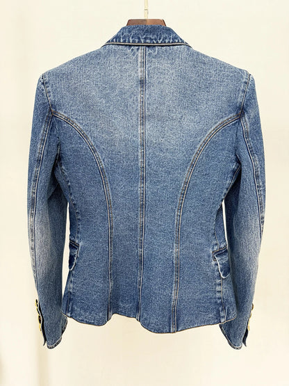 Women'S Double Breasted Slim Fit Denim Blazer Long Sleeve Jean Jacket High Waisted Pencil Mini Skirt Set