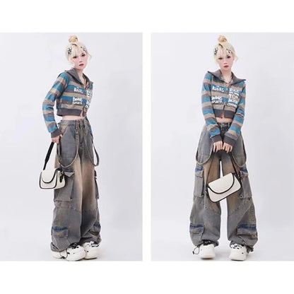 Women Blue Oversize Cargo Jeans Harajuku Vintage Baggy Y2k Denim Trouser 90s Aesthetic Wide Jean Pants 2000s Trashy Clothes 2024