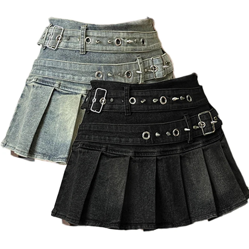 Women's Blue Black Riveted Belt Denim Skirt Y2K Harajuku High Street Fashion 90s Sexy A-line Mini Skirt Summer Clothing 2025 New