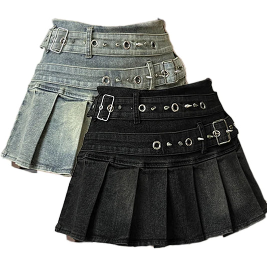 Women's Blue Black Riveted Belt Denim Skirt Y2K Harajuku High Street Fashion 90s Sexy A-line Mini Skirt Summer Clothing 2025 New