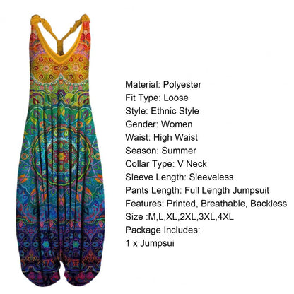 Harem Romper One-piece Jumpsuits Overalls Womens Abstract Print Backless